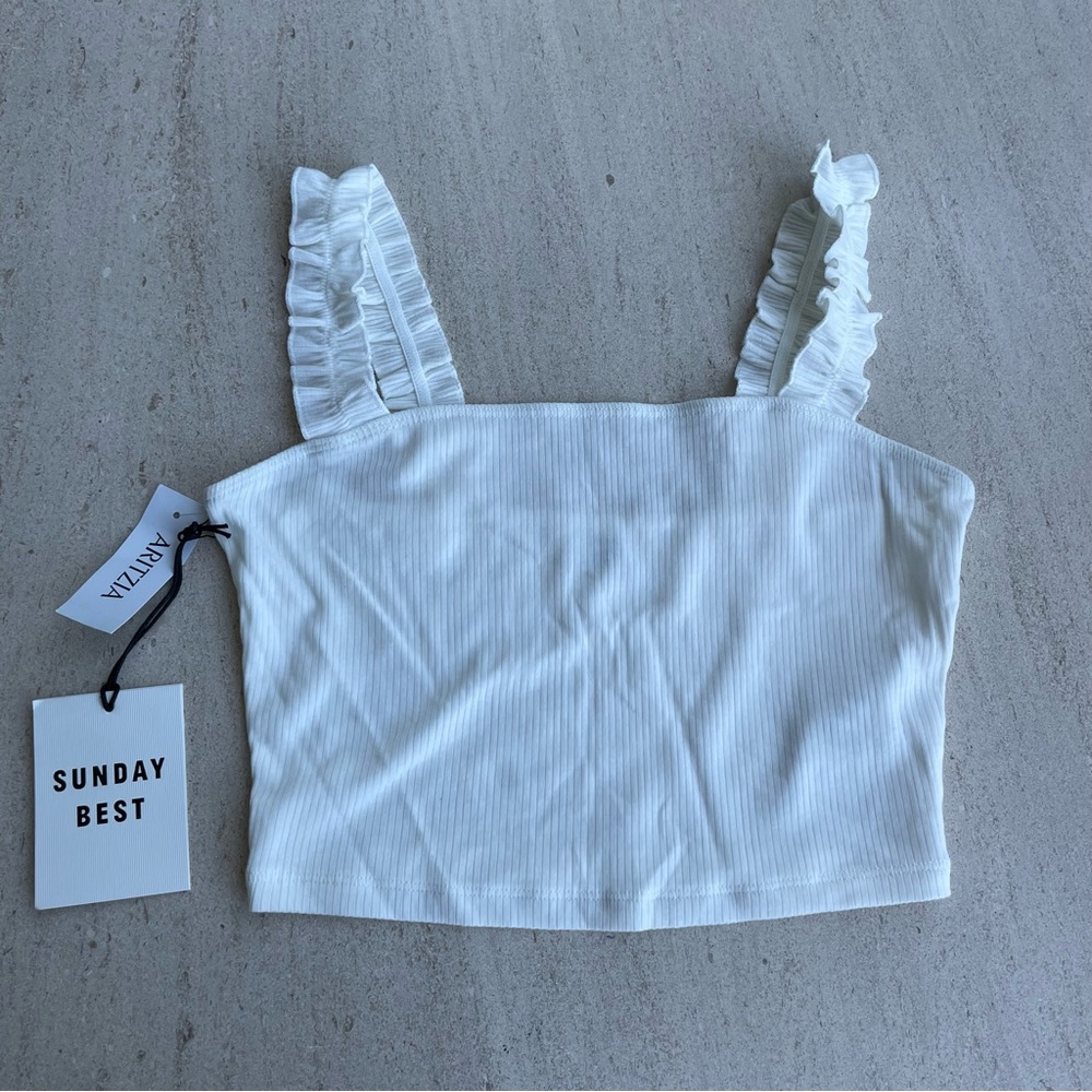 Aritzia Cropped White Tank with ruffled elastic straps